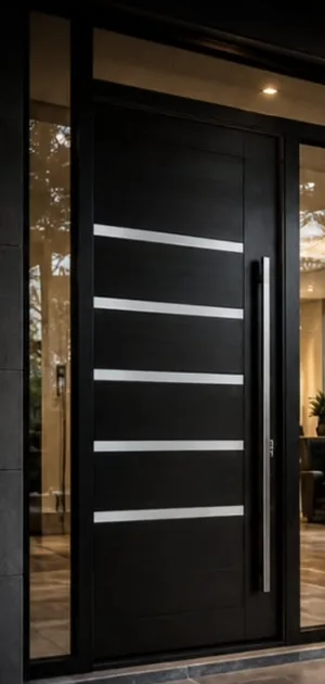 Puerta Pivot moderna en acabado oscuro con insertos horizontales y panel lateral de cristal